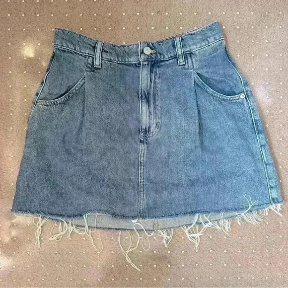 FREE PEOPLE We The Free Denim Pleated Raw Hem Cosmic Flirt Mini Skirt Sz. 27 - Picture 2 of 16